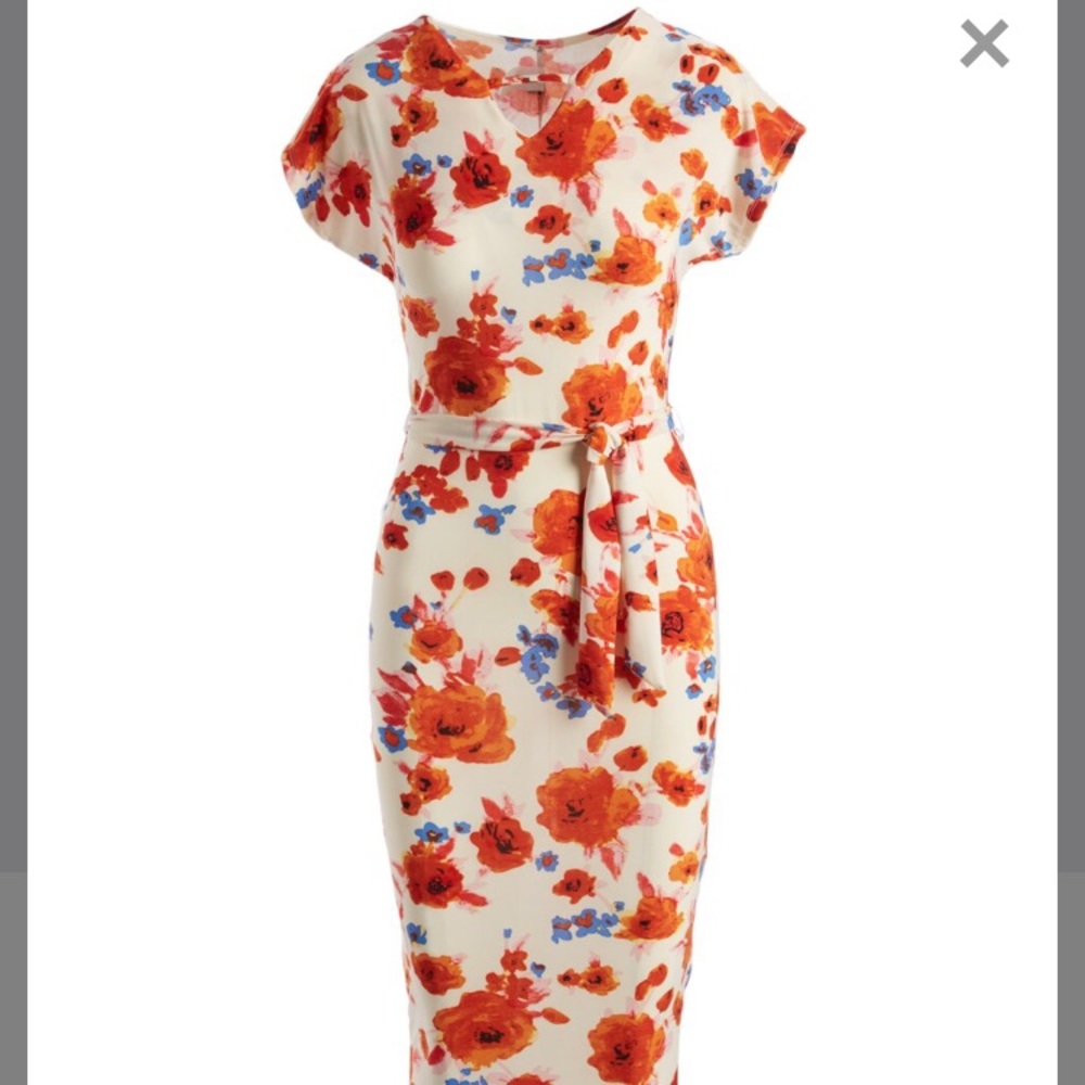 Off-white and Orange floral tie Midi Dress